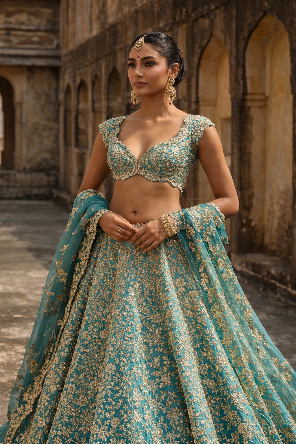 Elegant Devayani Lehenga Set by Kathaa, featuring intricate embroidery and vibrant colors for wedding and festive occasions.