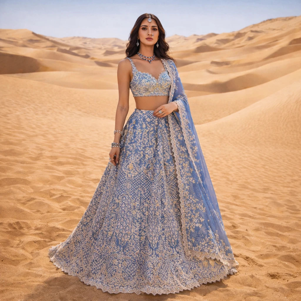 Elegant blue Neelika Lehenga Set by Kathaa for weddings and festivals, featuring intricate designs and traditional craftsmanship.