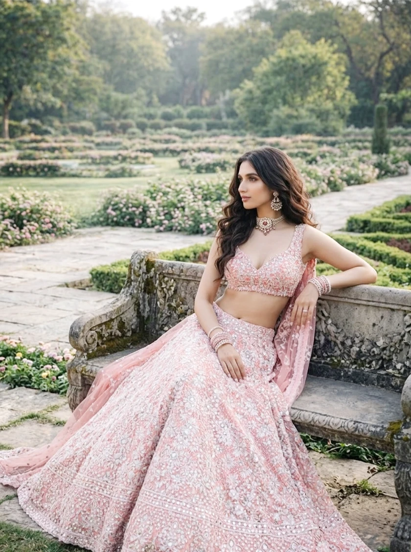 Ensemble Lehenga Anvaya – Lehenga Rose de Créateur pour Mariage et Fiançailles | Kathaa
