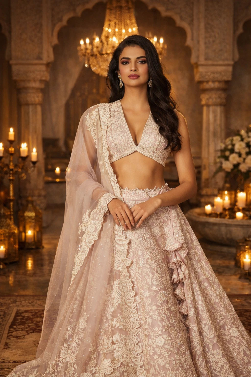 Elegant blush pink Vamika bridal lehenga with intricate embroidery, featuring traditional craftsmanship and luxurious fabric.
