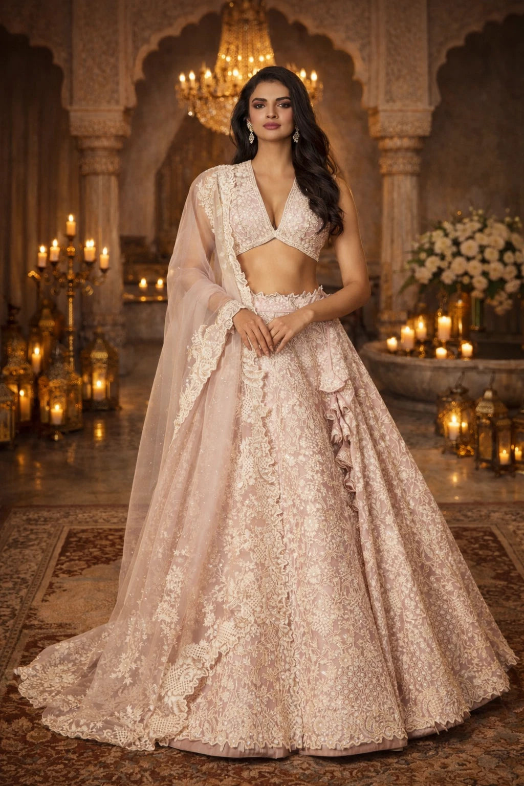 Elegant blush pink bridal lehenga with intricate embroidery from Kathaa, featuring luxurious fabric and traditional design details.
