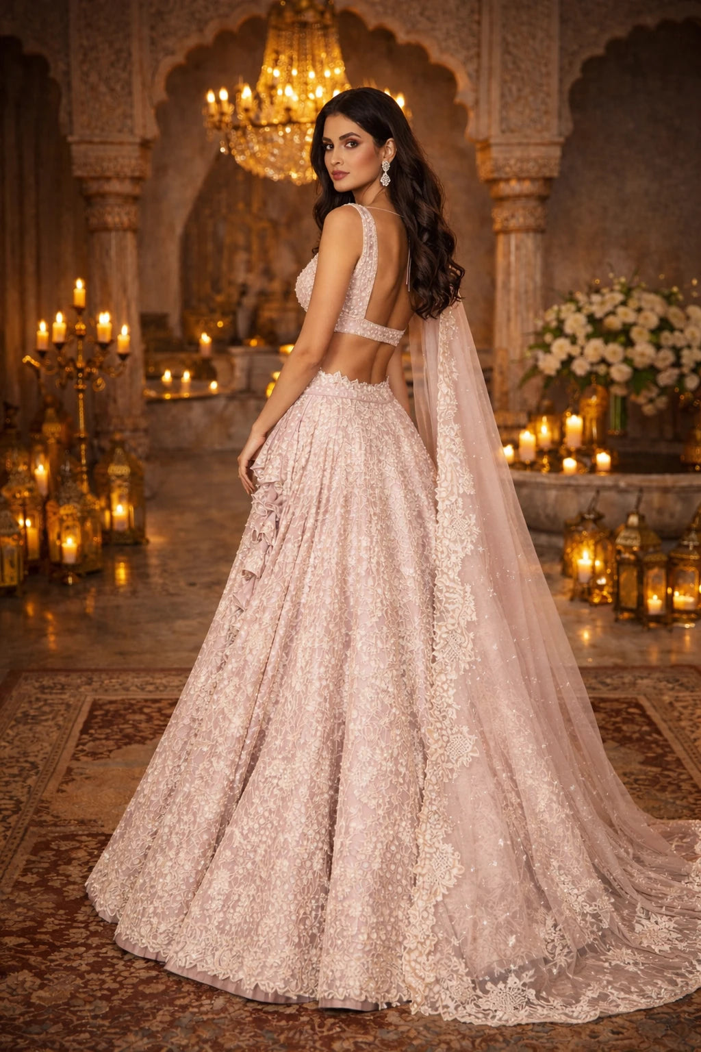 Luxury blush pink embroidered bridal lehenga set by Kathaa, featuring intricate embroidery and traditional design details.