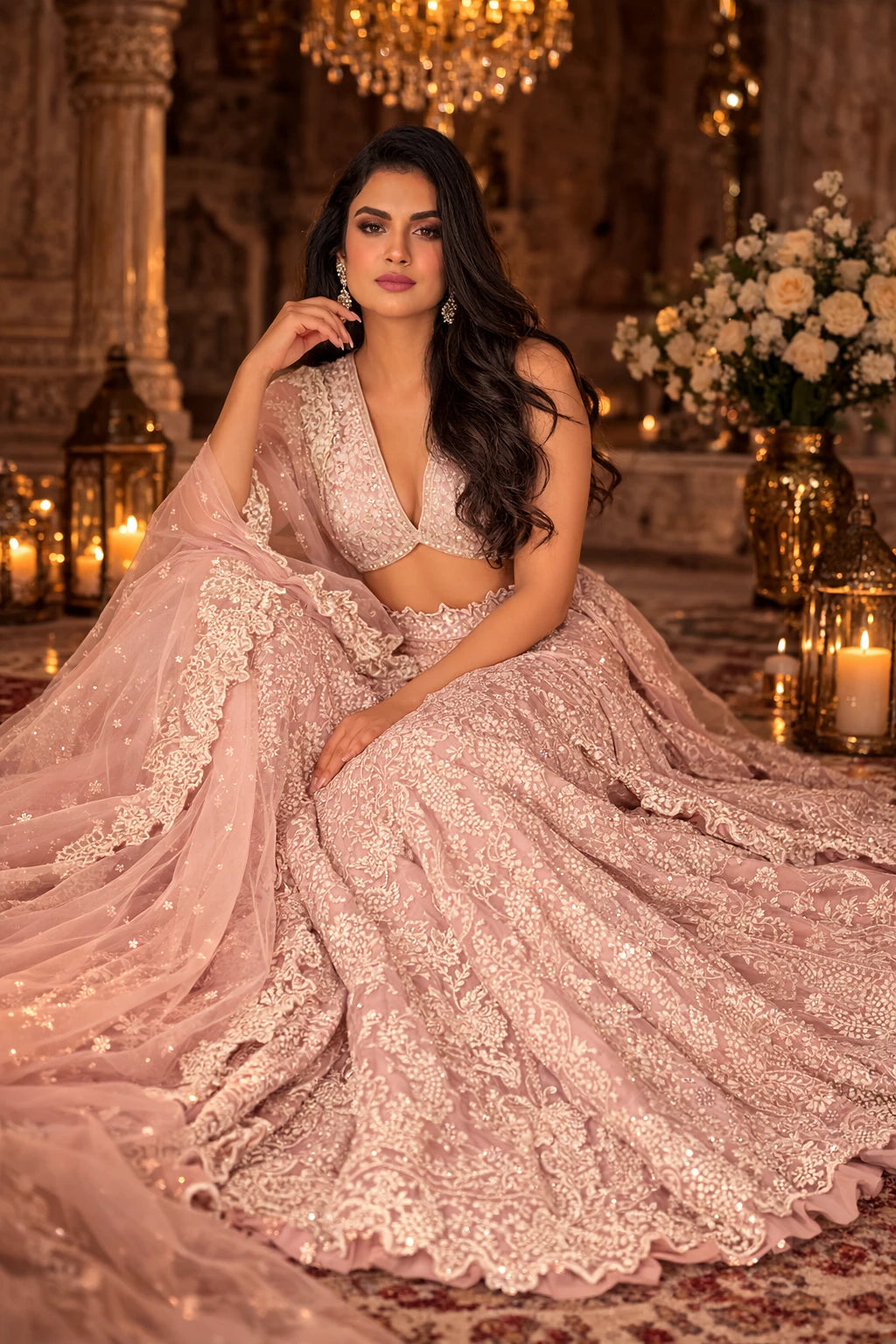 Elegant blush pink bridal lehenga set by Kathaa, embroidered with intricate designs, featuring a luxurious traditional Indian style.
