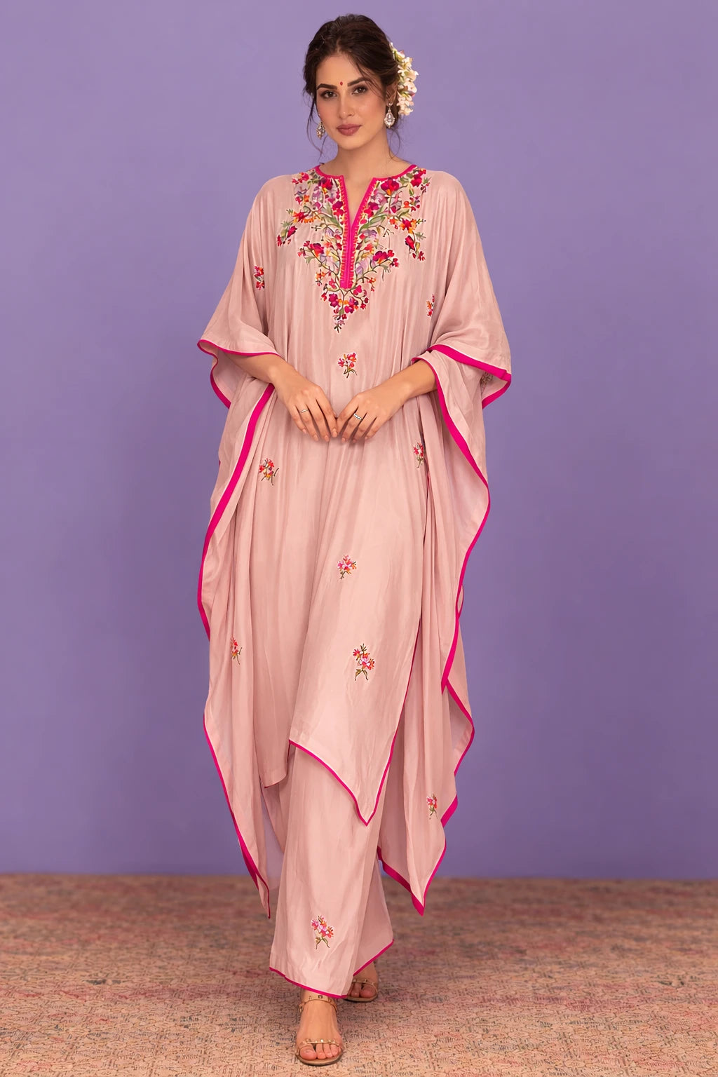 Nayara Kaftan Set – Blush Pink Floral Print Crepe Designer Kaftan with Cotton Silk Pants | Kathaa