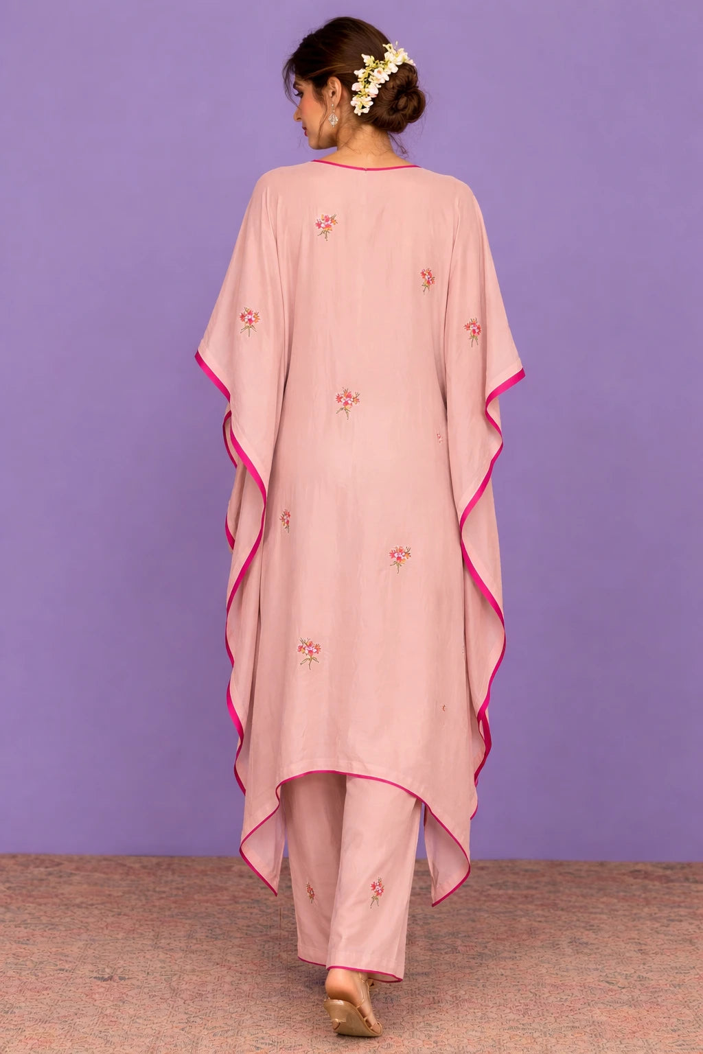 Nayara Kaftan Set – Blush Pink Floral Print Crepe Designer Kaftan with Cotton Silk Pants | Kathaa