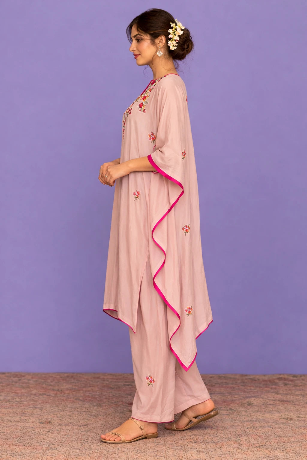 Nayara Kaftan Set – Blush Pink Floral Print Crepe Designer Kaftan with Cotton Silk Pants | Kathaa