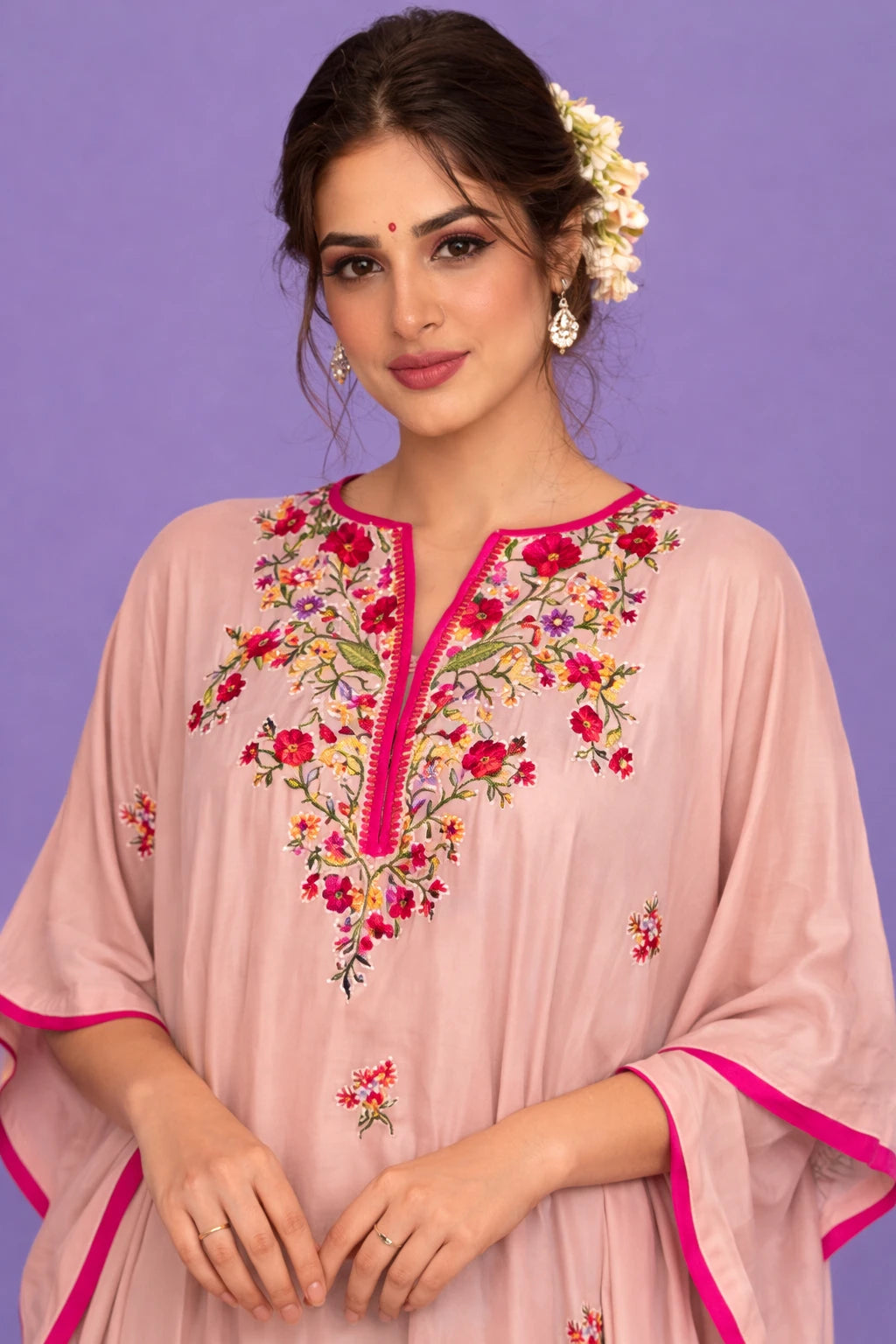 Nayara Kaftan Set – Blush Pink Floral Print Crepe Designer Kaftan with Cotton Silk Pants | Kathaa