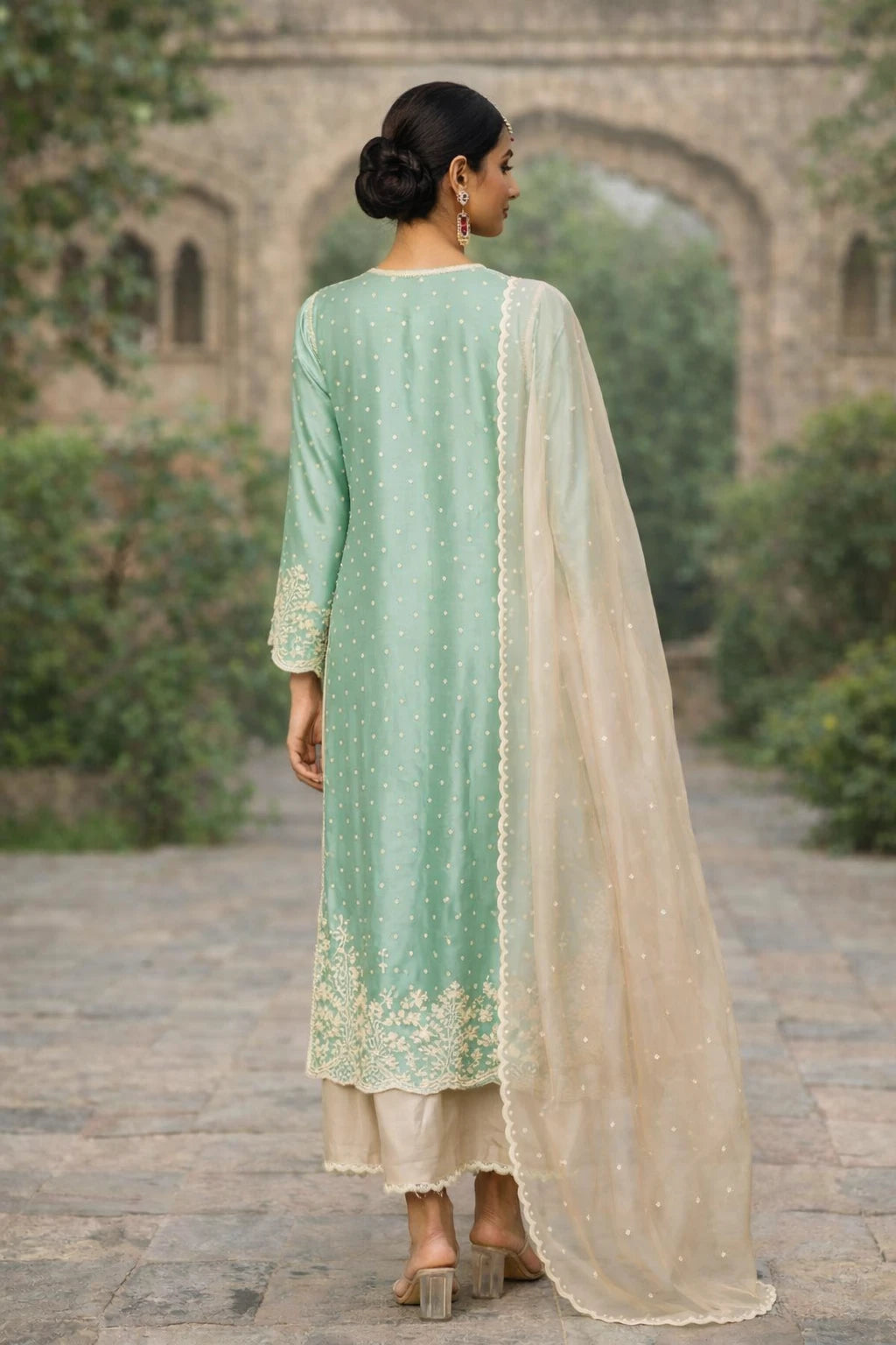 Mint green designer Neerika Kurta set with matching dupatta, featuring traditional ethnic embroidery and elegant styling.
