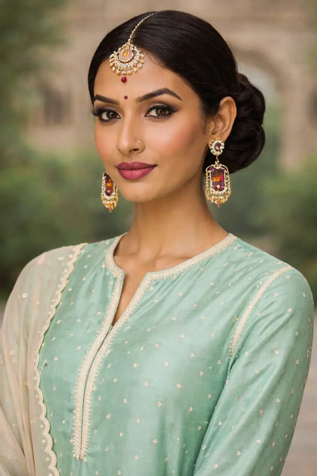Close-up of Kathaa Neerika mint green designer kurta set with intricate embroidery and matching dupatta, showcasing traditional ethnic style.