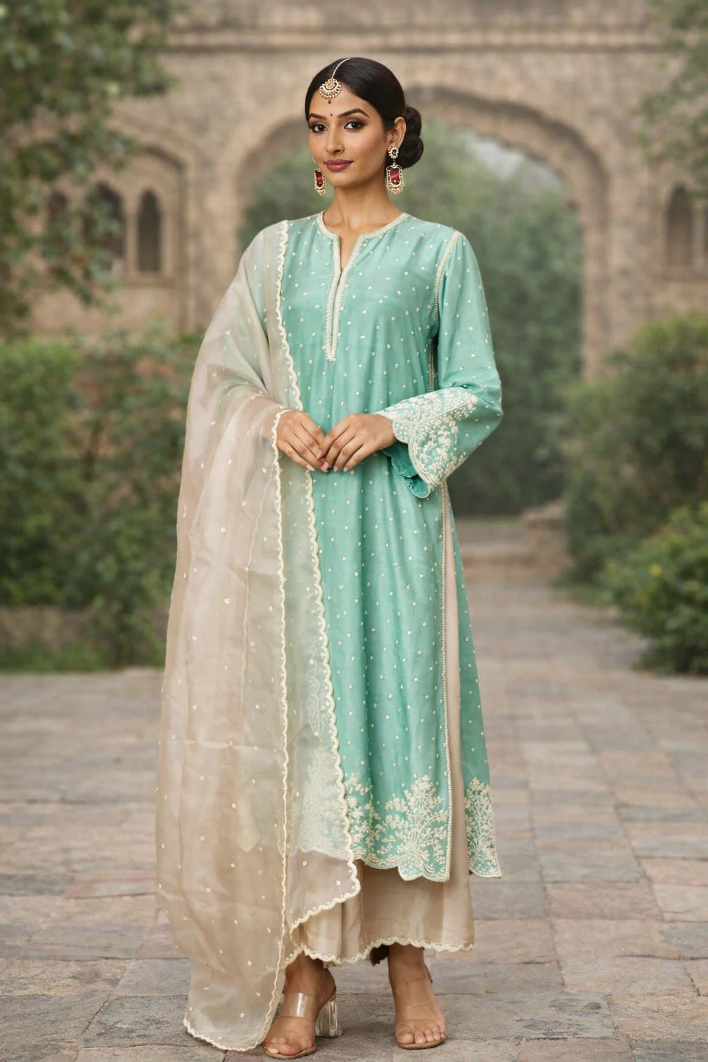 Mint green Neerika Kurta set with matching dupatta, designer ethnic kurta from Kathaa, shown from the front.
