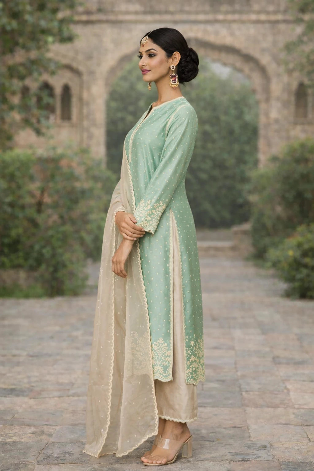 Mint green Neerika Kurta set with intricate embroidery, matching dupatta, designer ethnic attire from Kathaa store.