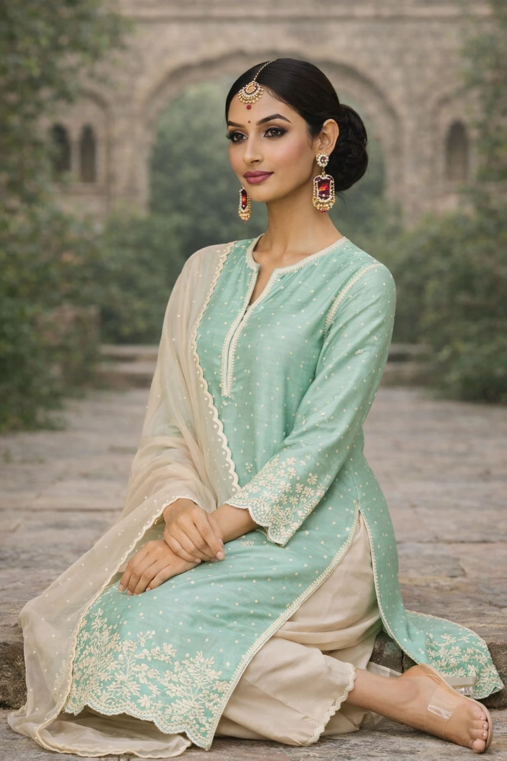 Mint green Neerika Kurta set with intricate embroidery, matching dupatta, and traditional design, worn by a woman sitting gracefully.