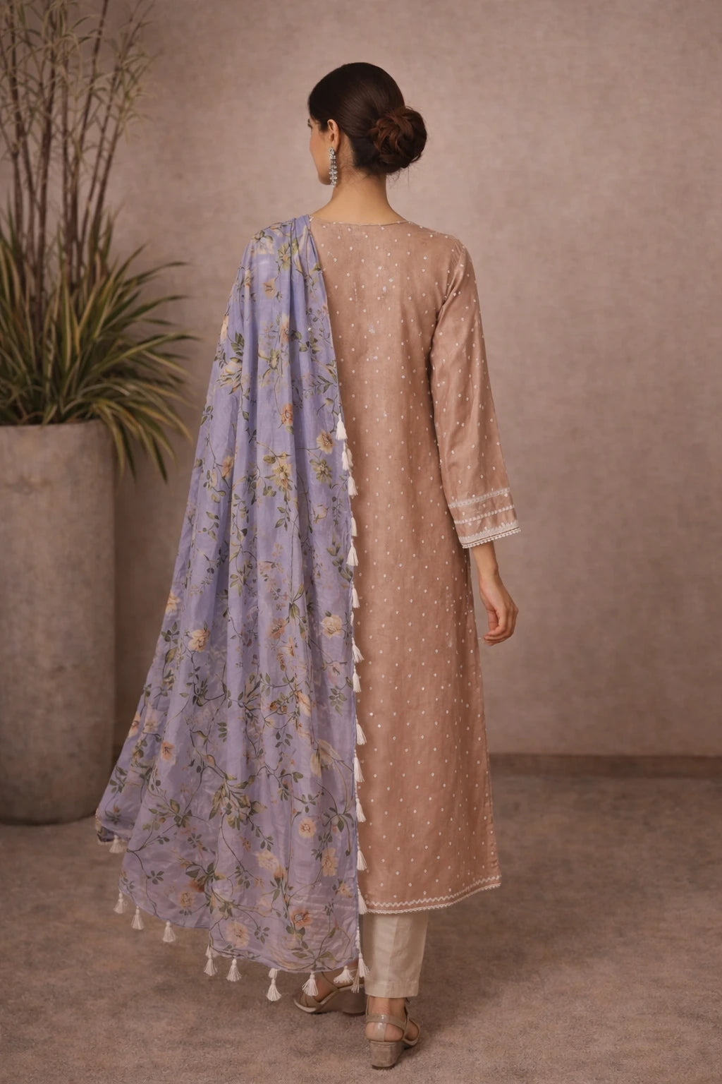 Vasika Kurta Set – Designer Beige Ethnic Kurta Set with Floral Dupatta | Kathaa