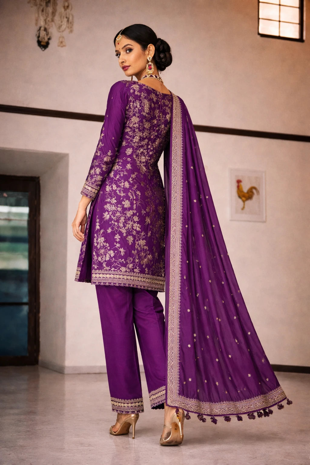Back view of Kathaa Rajnidhi purple designer kurta set with matching dupatta, featuring intricate embroidery and traditional festive style.
