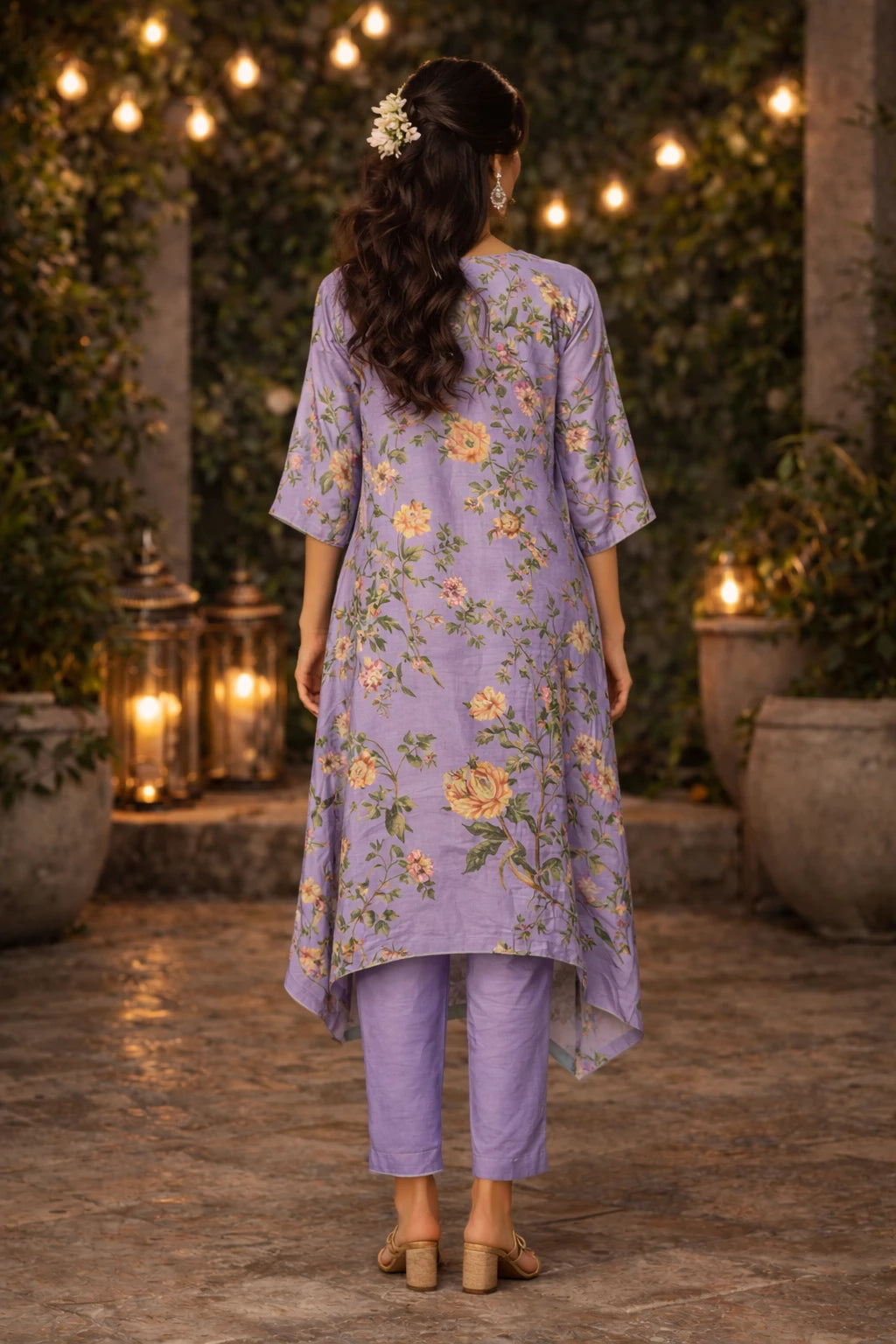 Conjunto de Kaftán Liyana – Kaftán de Crepé con Estampado Floral Lavanda y Pantalones de Seda de Algodón | Kathaa