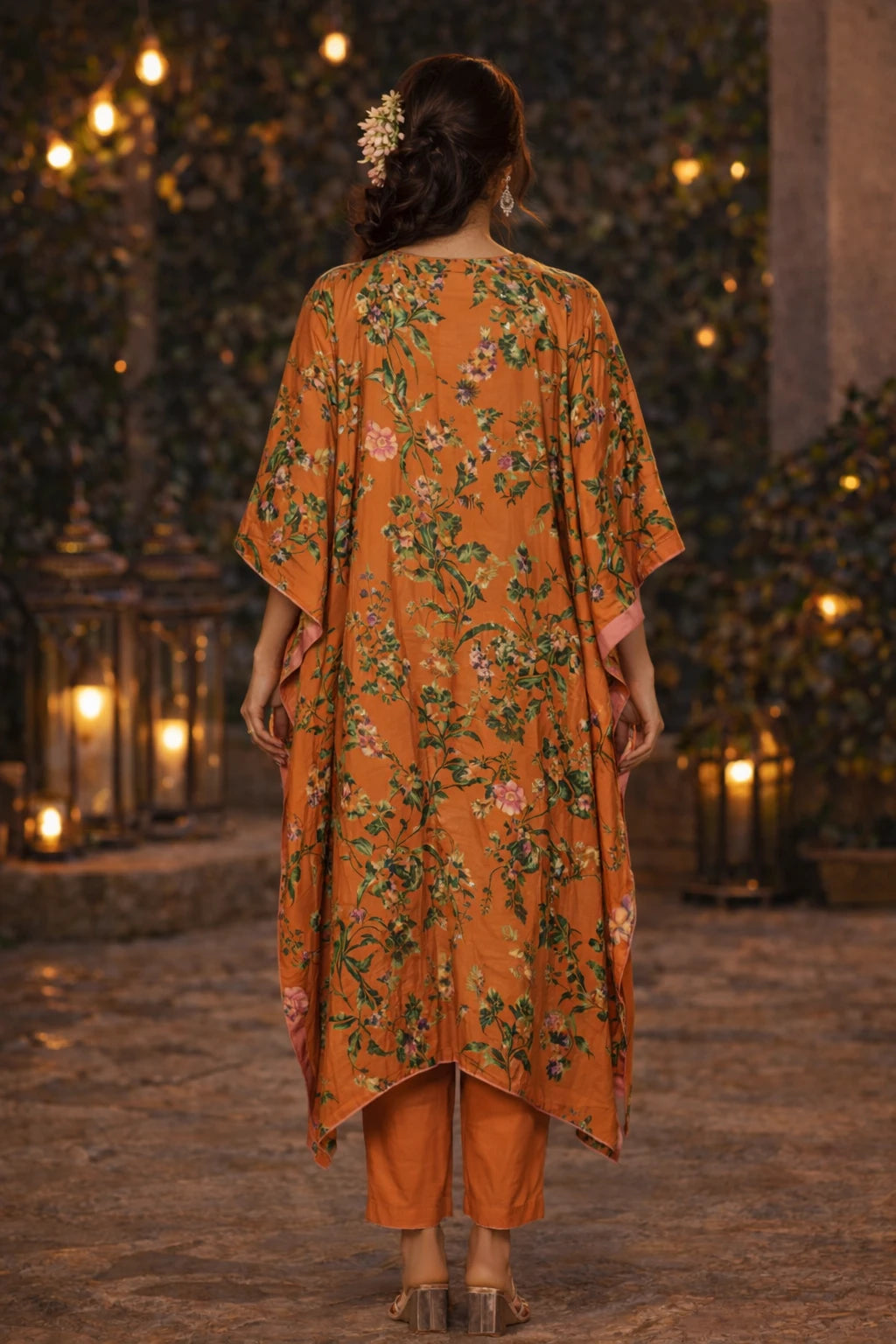 Nayara Kaftan Set – Orange Floral Printed Crepe Kaftan with Cotton Silk Pants | Kathaa