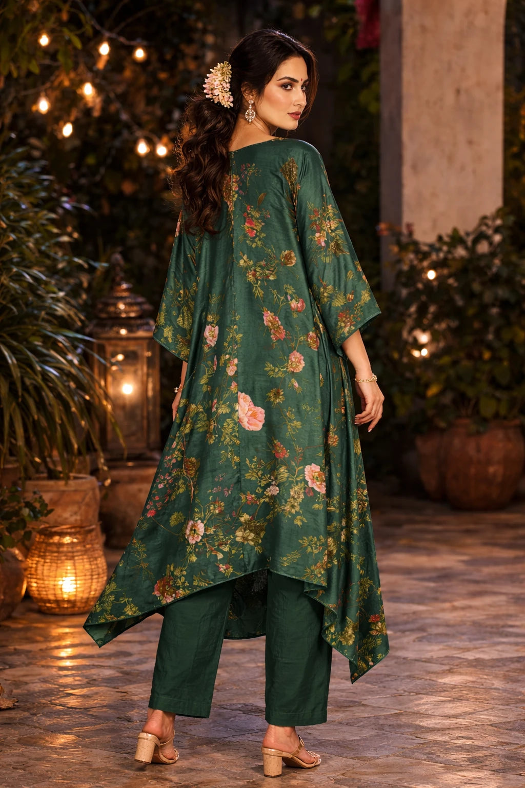 Emerald green floral printed crepe Zafira Kaftan set with cotton silk pants, seen from the back, designed by Kathaa.