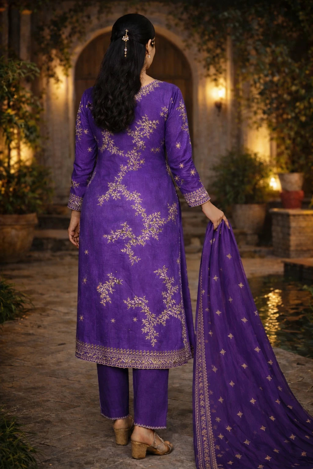 Back view of the Kathaa Varnika purple designer kurta set with matching dupatta, showcasing intricate embroidery and elegant fabric.
