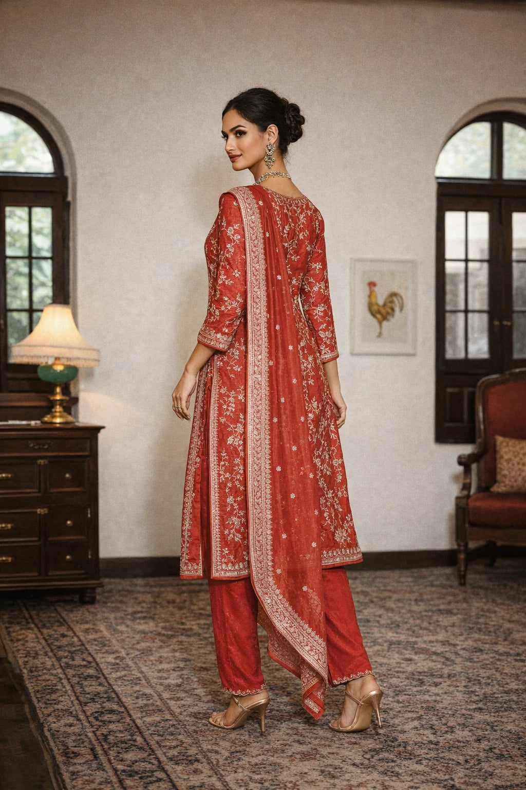 Back view of Kathaa Arunika Kurta Set, a designer red festive kurta with matching dupatta, showcasing elegant traditional attire.