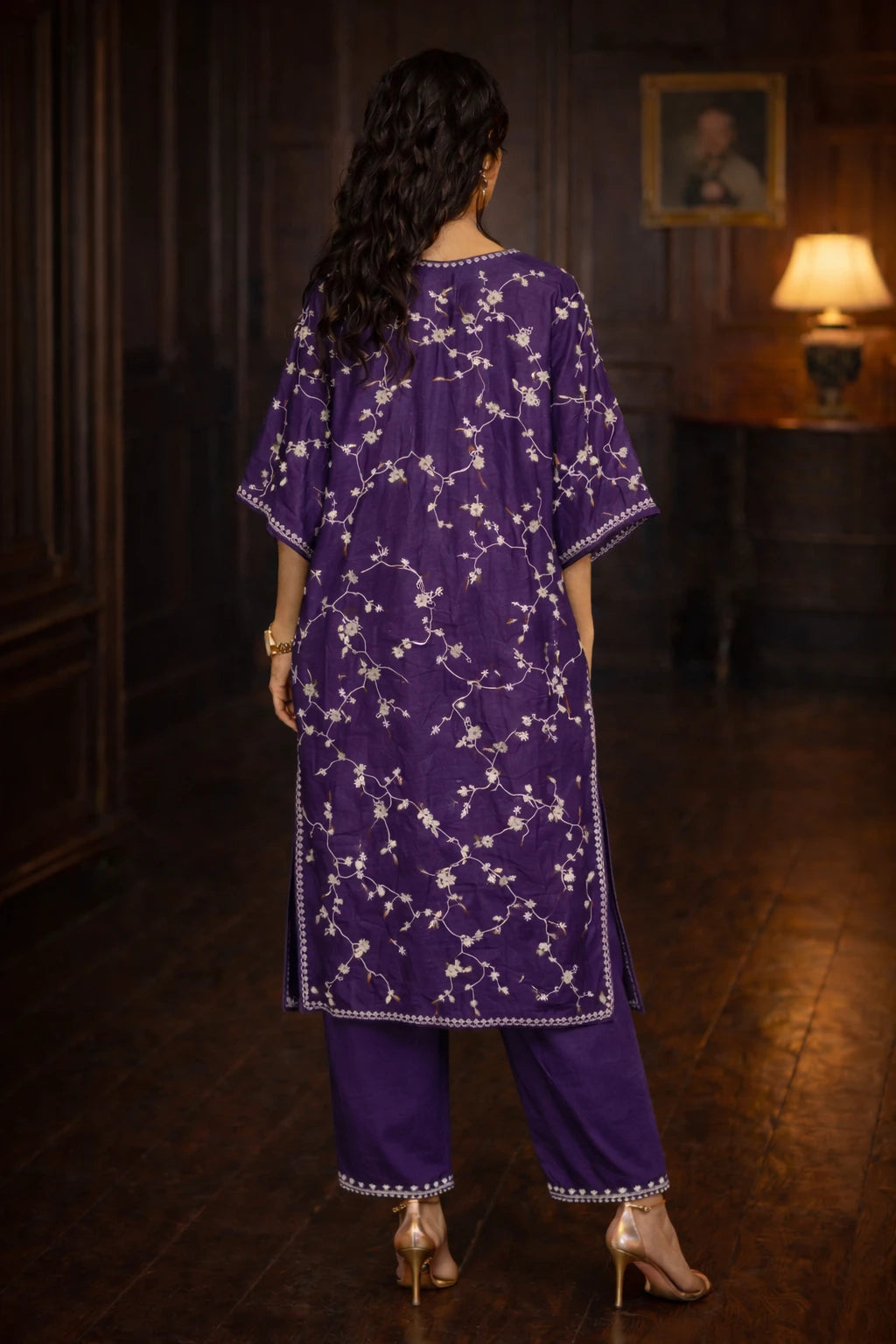 Back view of Kathaa's purple dupioni silk Zareen Kaftan set paired with cotton silk pants, showcasing elegant design details.