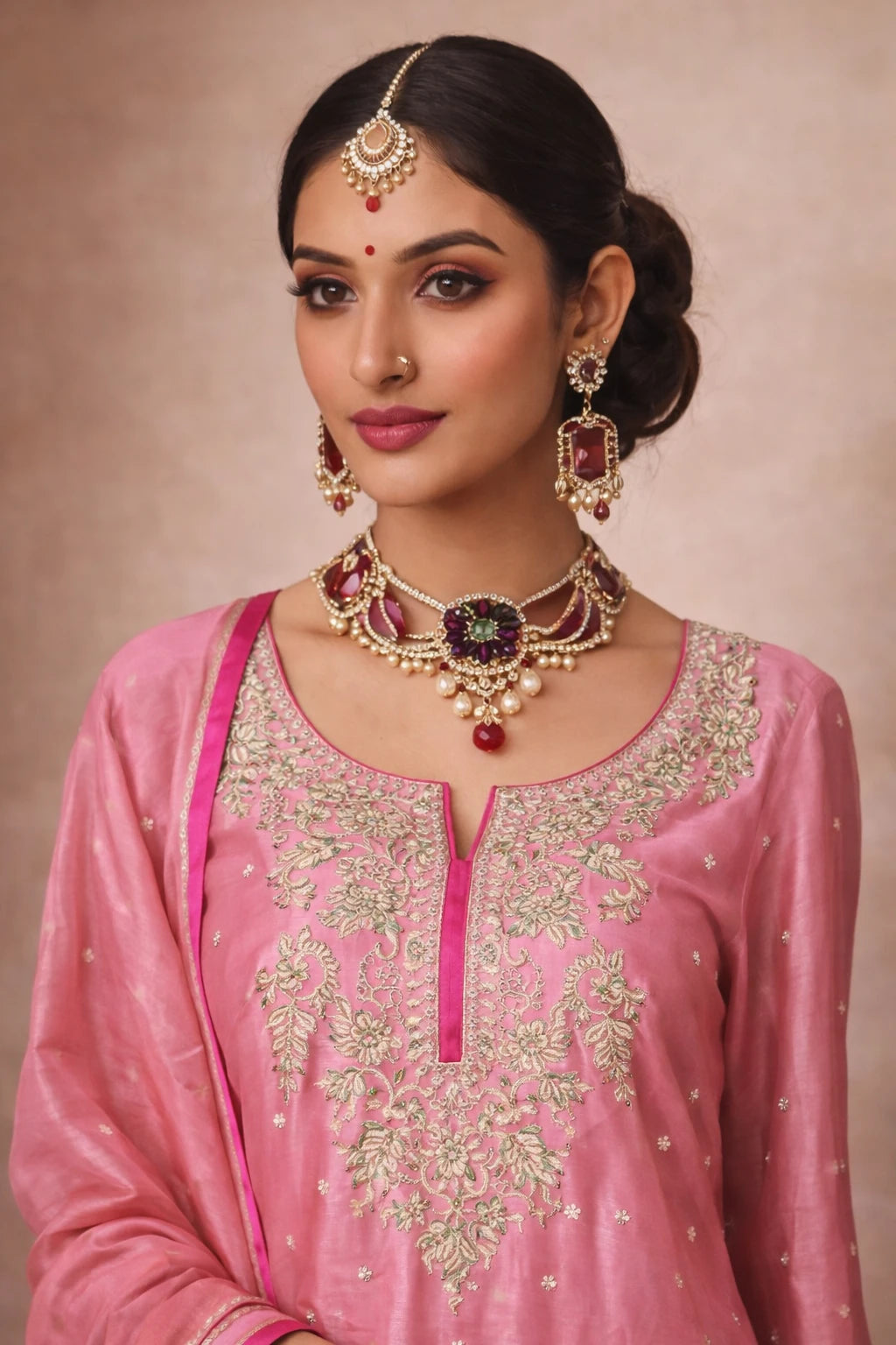 Closeup of Kathaa Ruhika pink designer kurta set with intricate embroidery and matching dupatta for festive occasions.