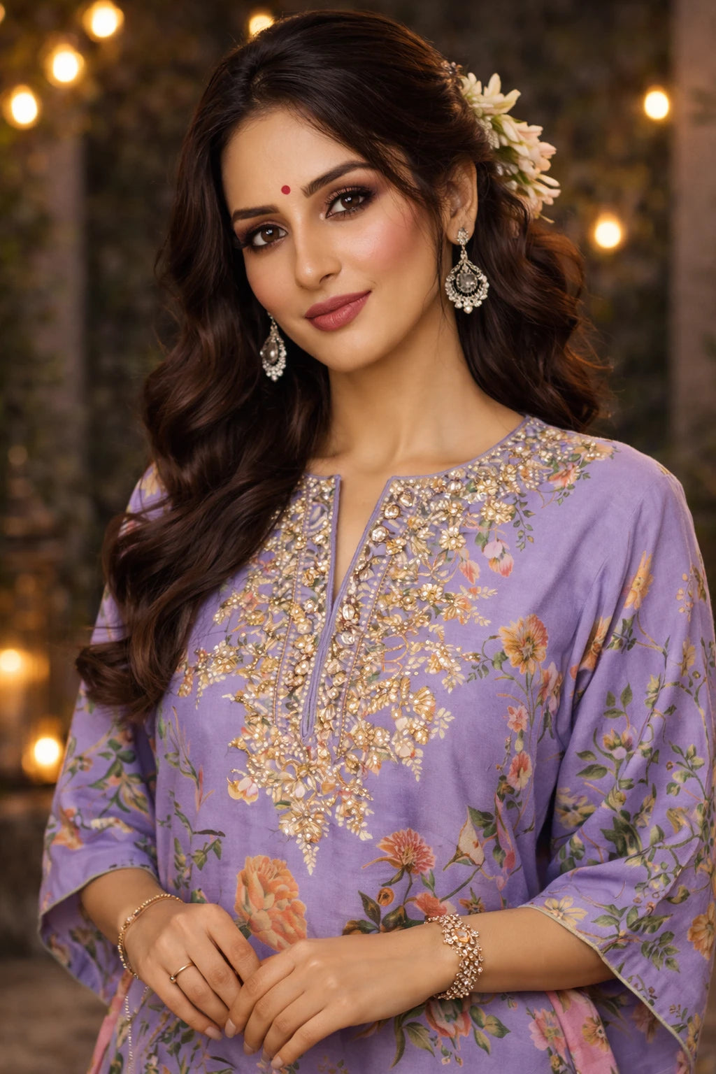 Liyana Kaftan Set – Lavender Floral Printed Crepe Kaftan with Cotton Silk Pants | Kathaa