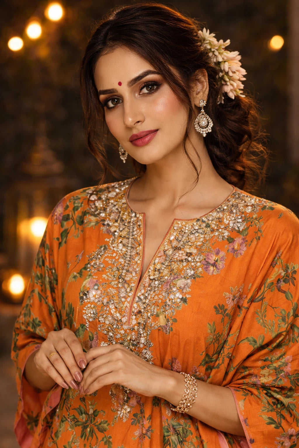 Nayara Kaftan Set – Orange Floral Printed Crepe Kaftan with Cotton Silk Pants | Kathaa