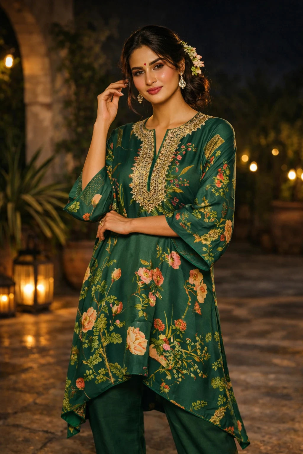Closeup of Kathaa Zafira Kaftan Set in emerald green floral print crepe with matching cotton silk pants.
