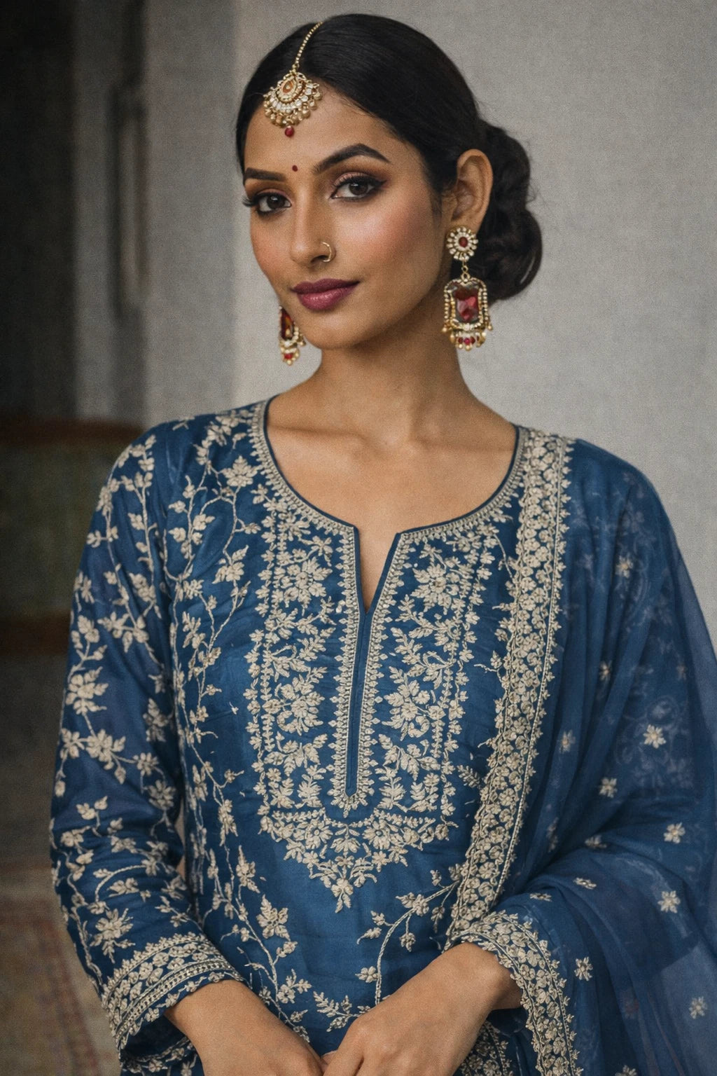 Close-up of Kathaa Neelanshi Kurta Set in blue with intricate embroidery and matching dupatta, showcasing detailed festive attire.