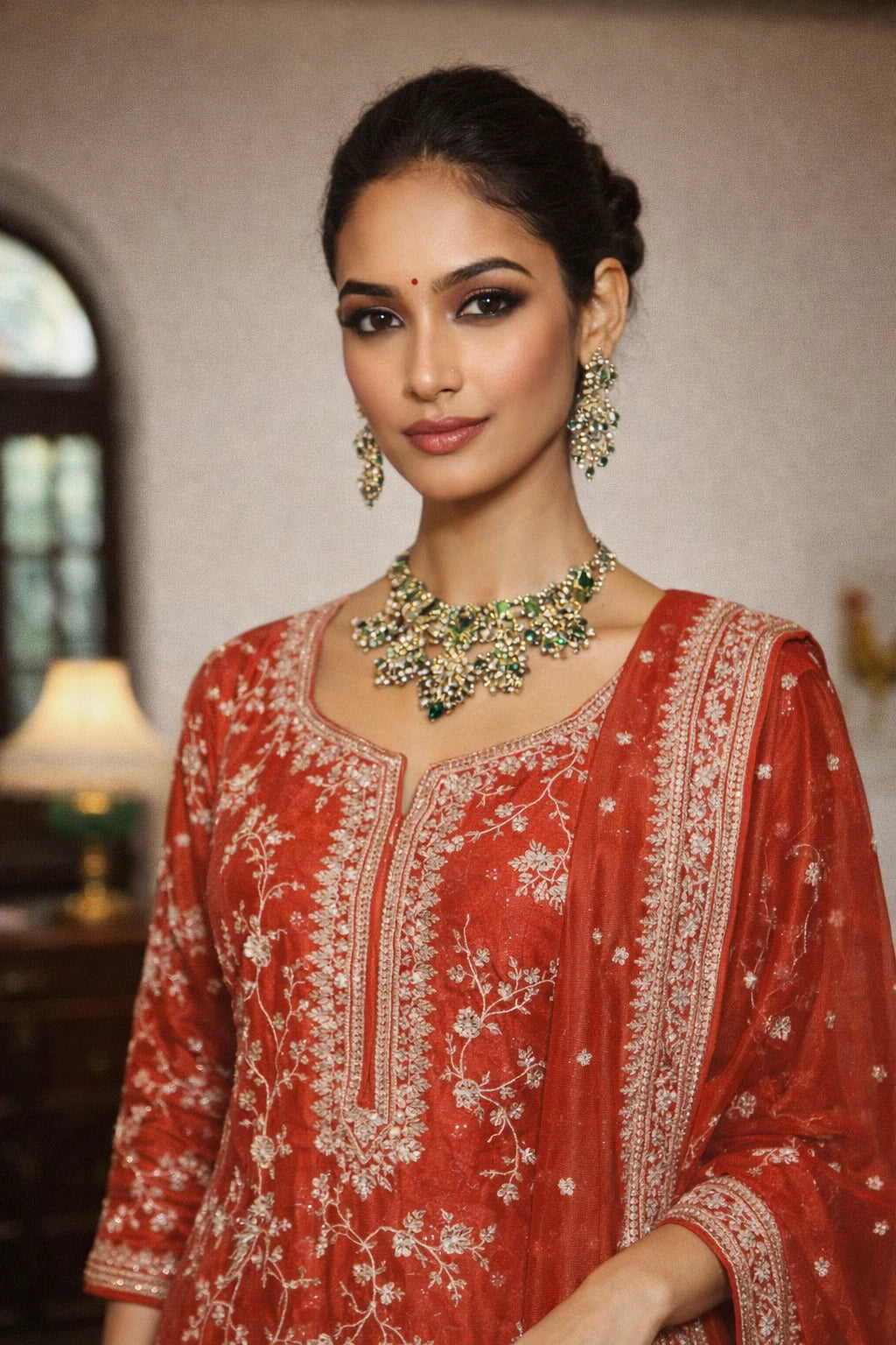 Close-up of Kathaa Arunika Kurta Set featuring a red festive designer kurta with matching dupatta, showcasing intricate embroidery details.