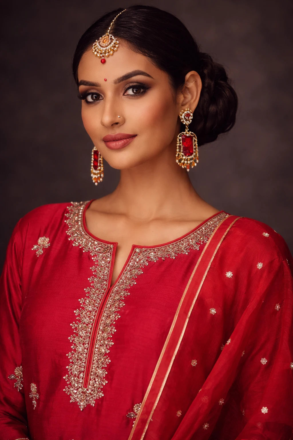 Closeup of Kathaa Lalima red designer kurta set with intricate embroidery and matching dupatta for festive wear.