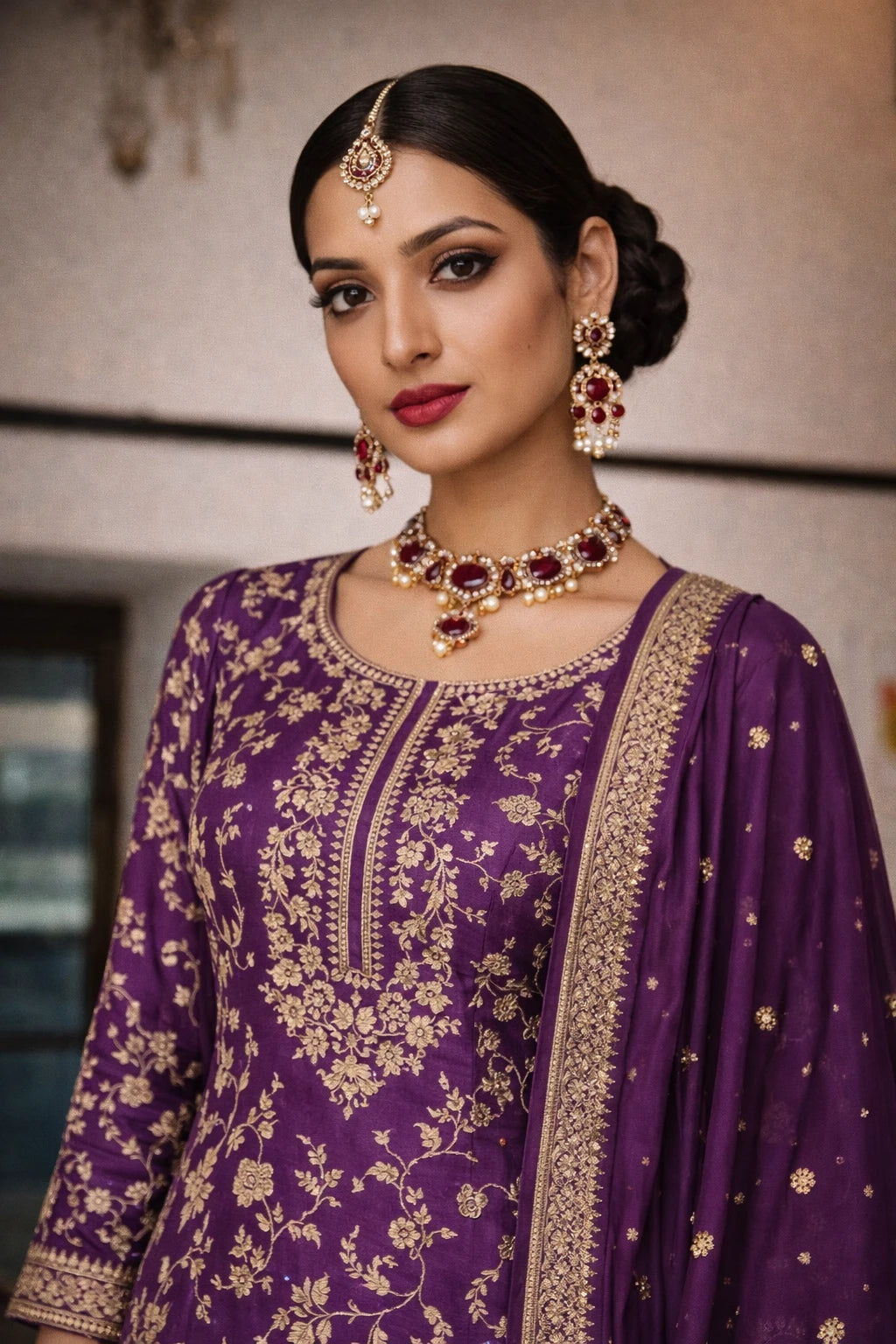 Closeup of Kathaa Rajnidhi purple designer kurta set with matching dupatta, showcasing intricate embroidery and festive style.