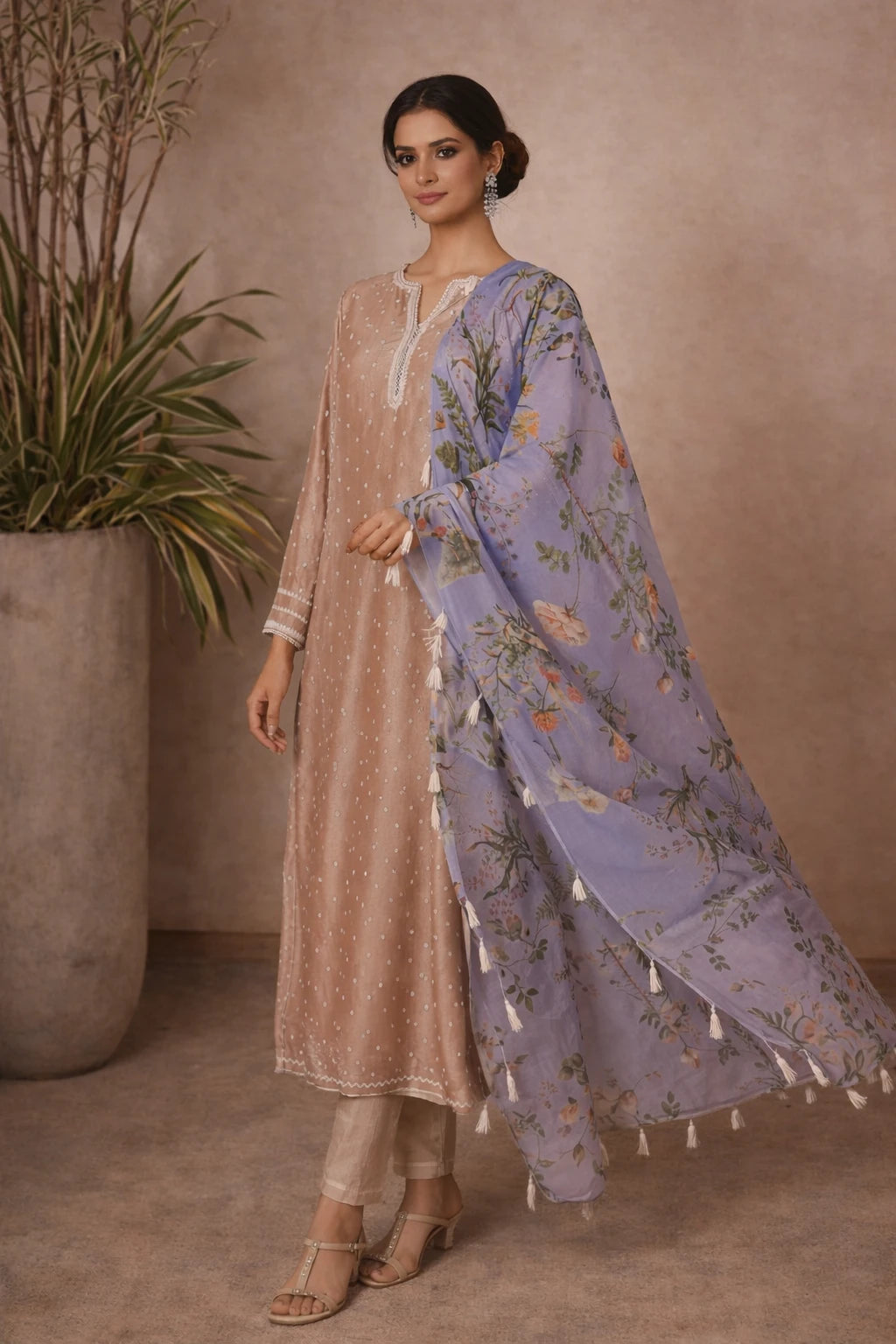 Vasika Kurta Set – Designer Beige Ethnic Kurta Set with Floral Dupatta | Kathaa