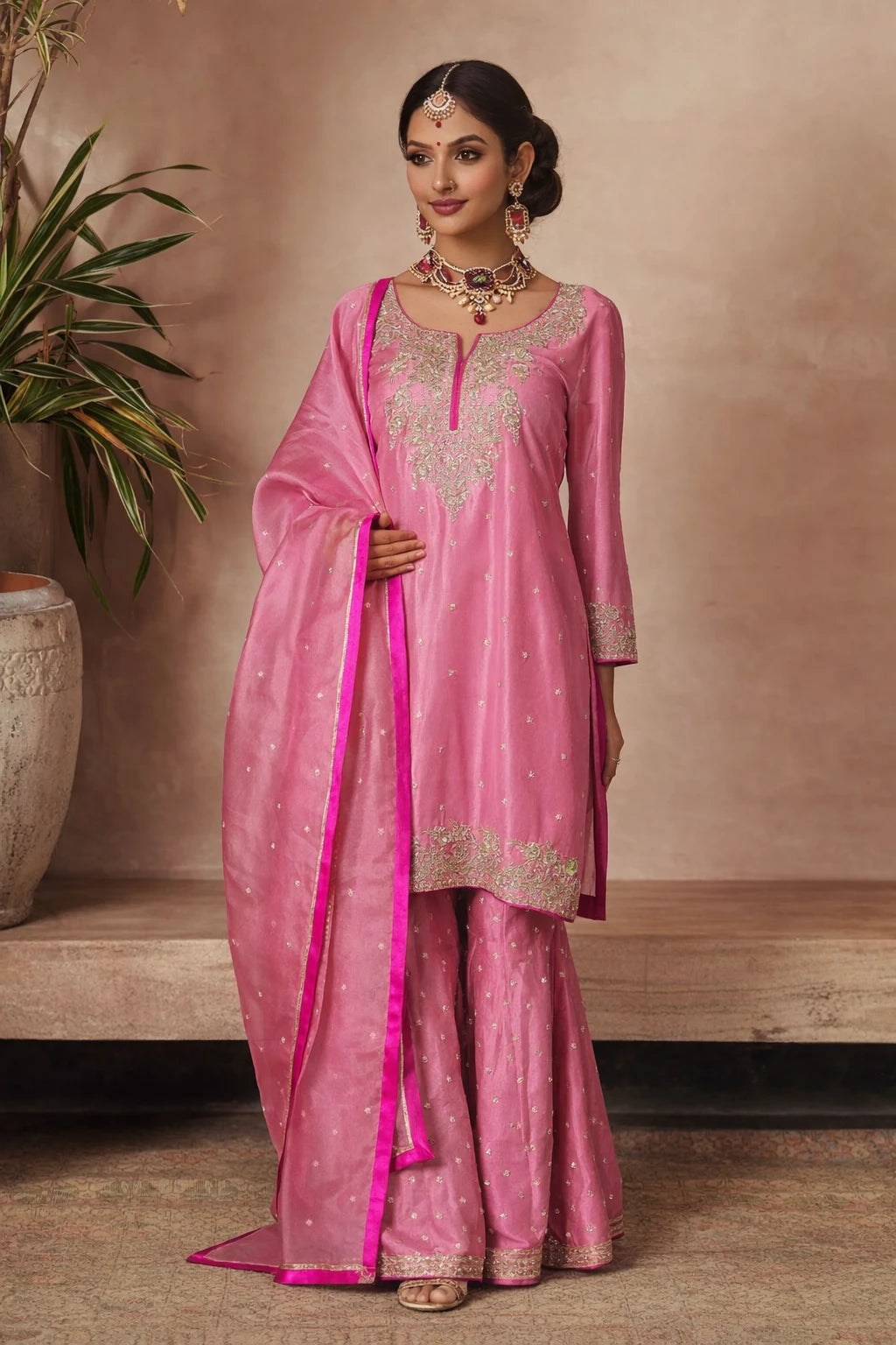 Pink designer Ruhika Kurta Set with matching dupatta, featuring intricate embroidery and traditional festive style.