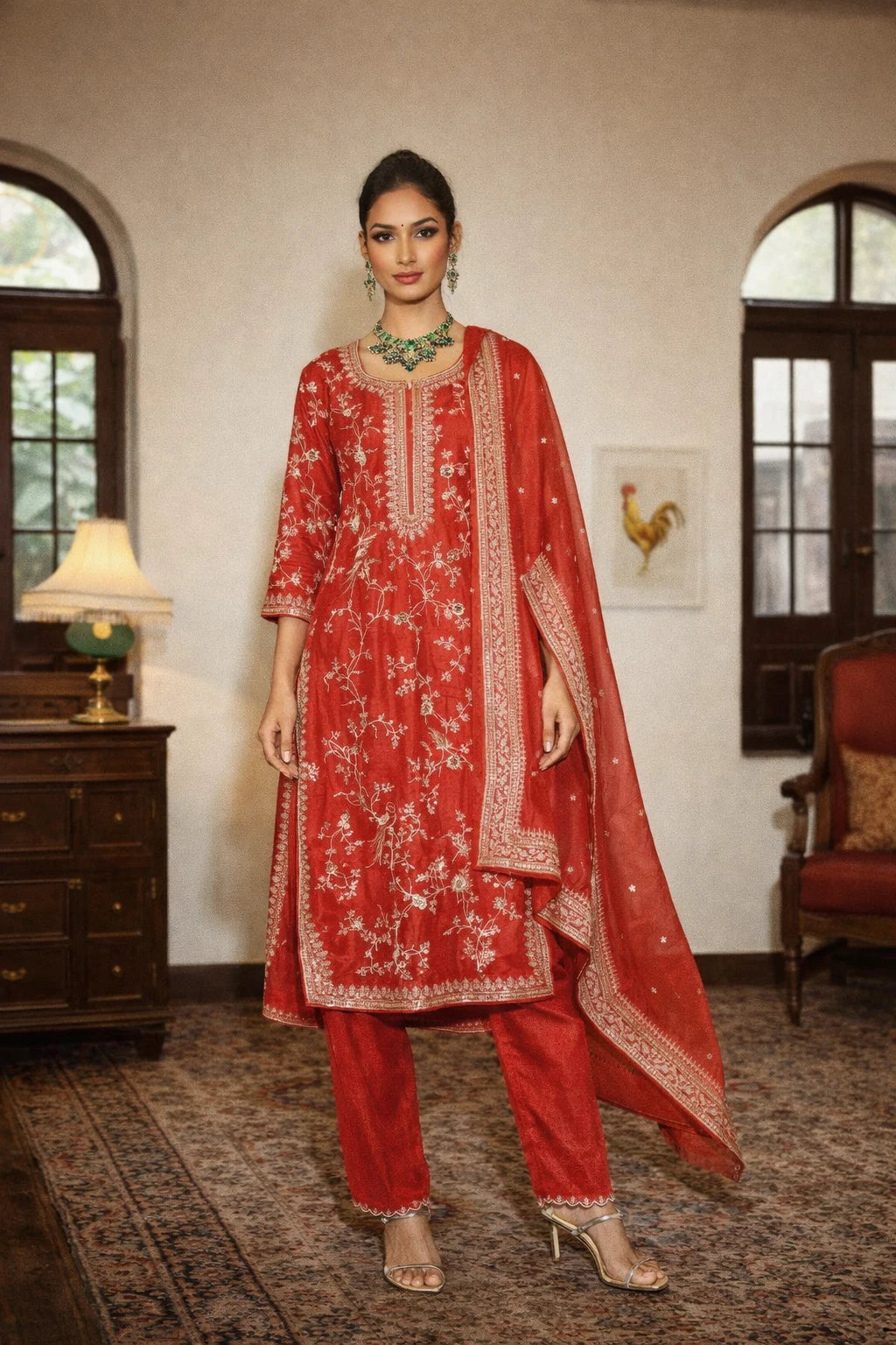 Red designer Arunika Kurta Set with matching dupatta, featuring intricate embroidery and traditional style, front view.