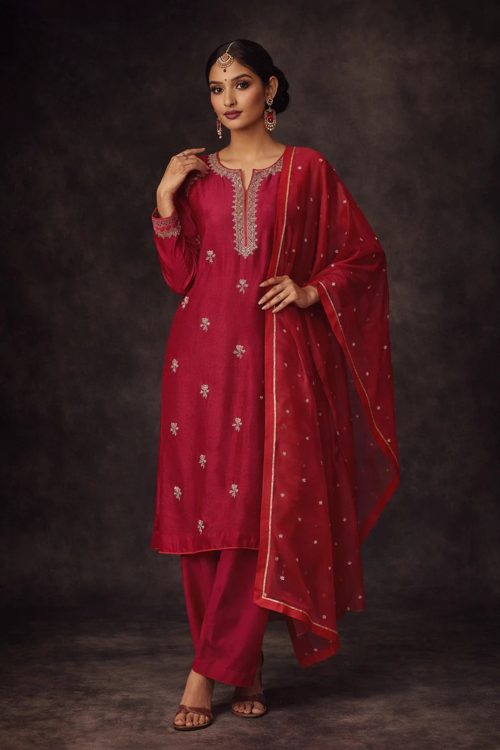 Red designer Lalima Kurta set with matching dupatta by Kathaa, featuring intricate embroidery and traditional festive style.