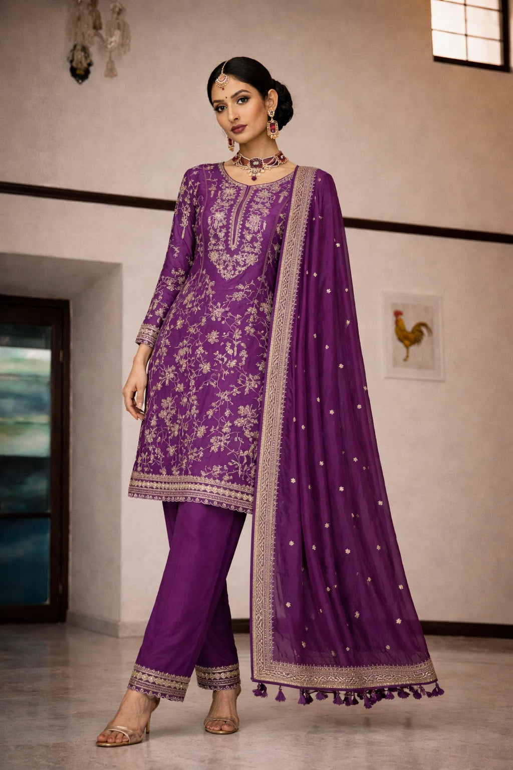 Purple designer Rajnidhi kurta set with matching dupatta, featuring intricate embroidery, perfect for festive occasions.