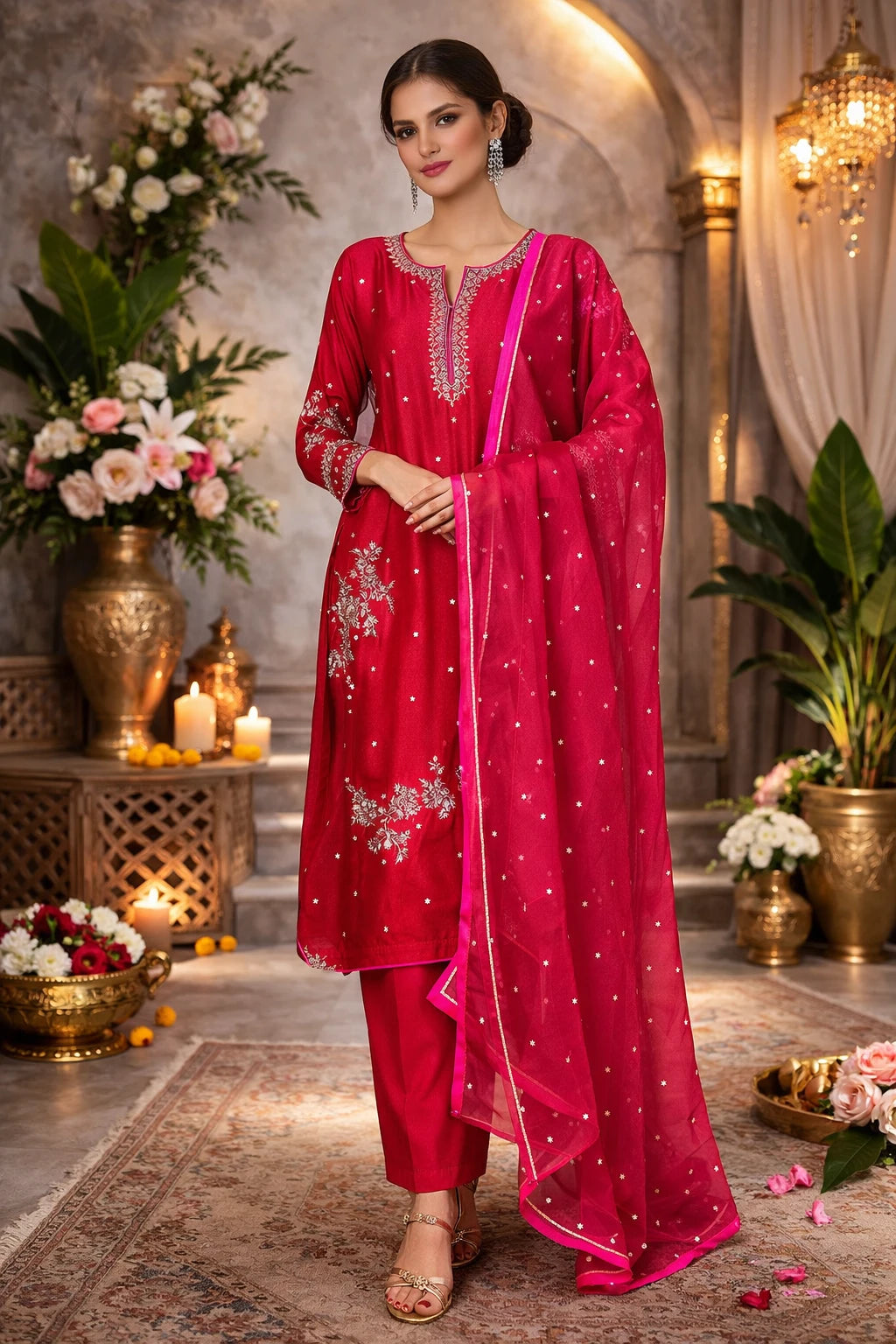 Kumudini Kurta Set – Designer Crimson Pink Festive Kurta Set with Dupatta | Kathaa