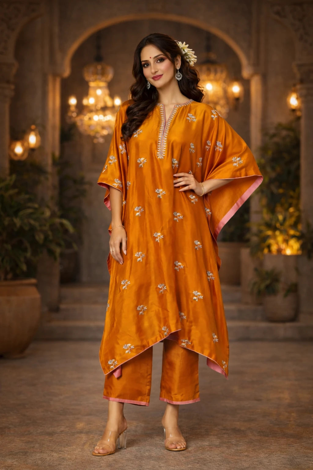 Luxury orange Zahira Kaftan set with silk kaftan and cotton silk pants from Kathaa, shown from the front.