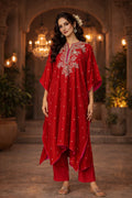 Red Ruqayya Kaftan set featuring a designer silk kaftan with cotton silk pants, perfect for elegant traditional wear.