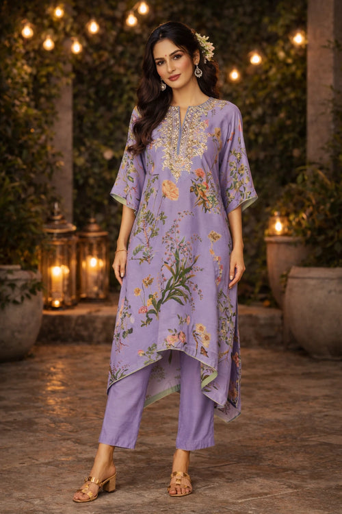 Lavender floral printed crepe kaftan with matching cotton silk pants from Kathaa's Liyana Kaftan Set, front view showing elegant design.