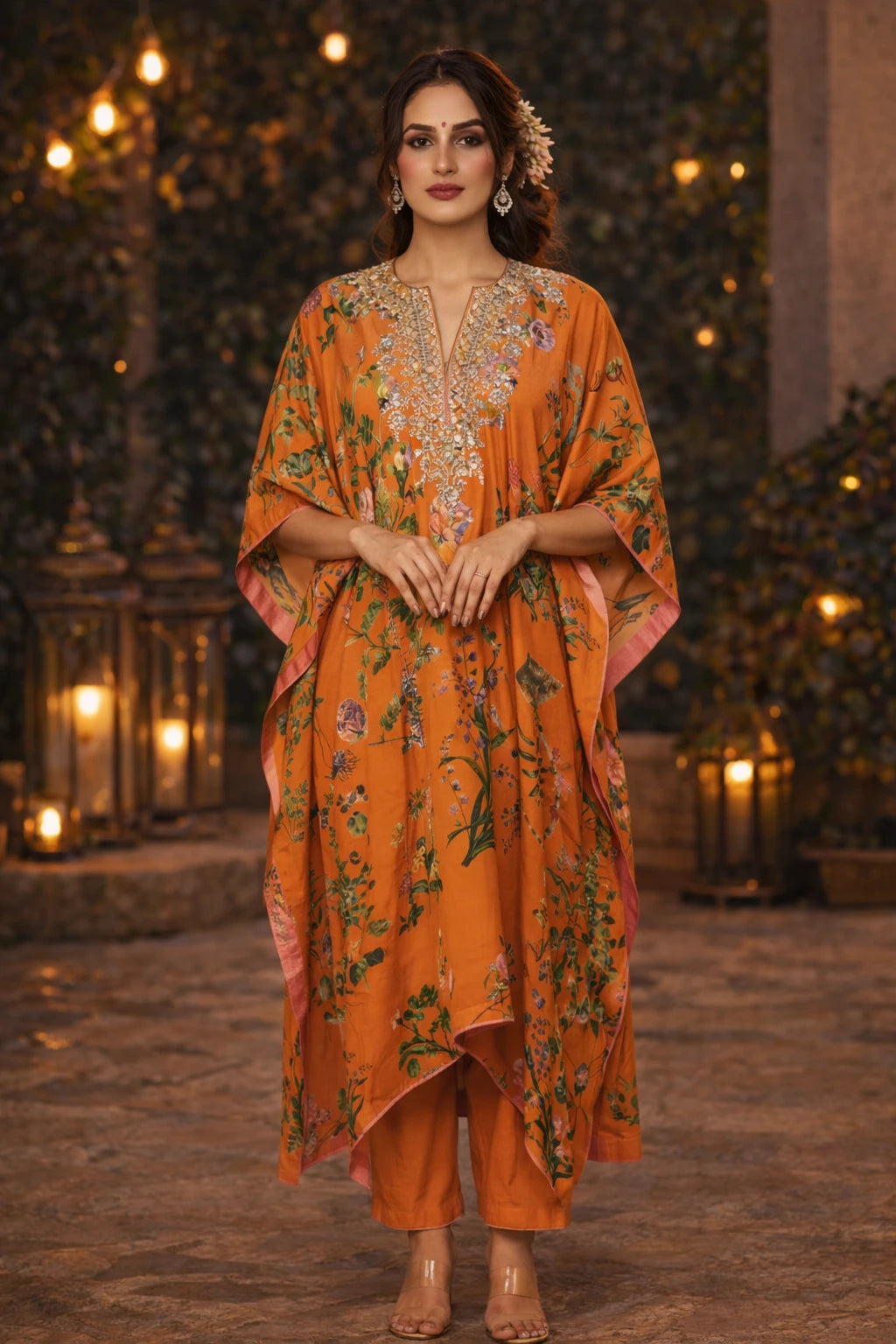 Nayara Kaftan Set – Orange Floral Printed Crepe Kaftan with Cotton Silk Pants | Kathaa