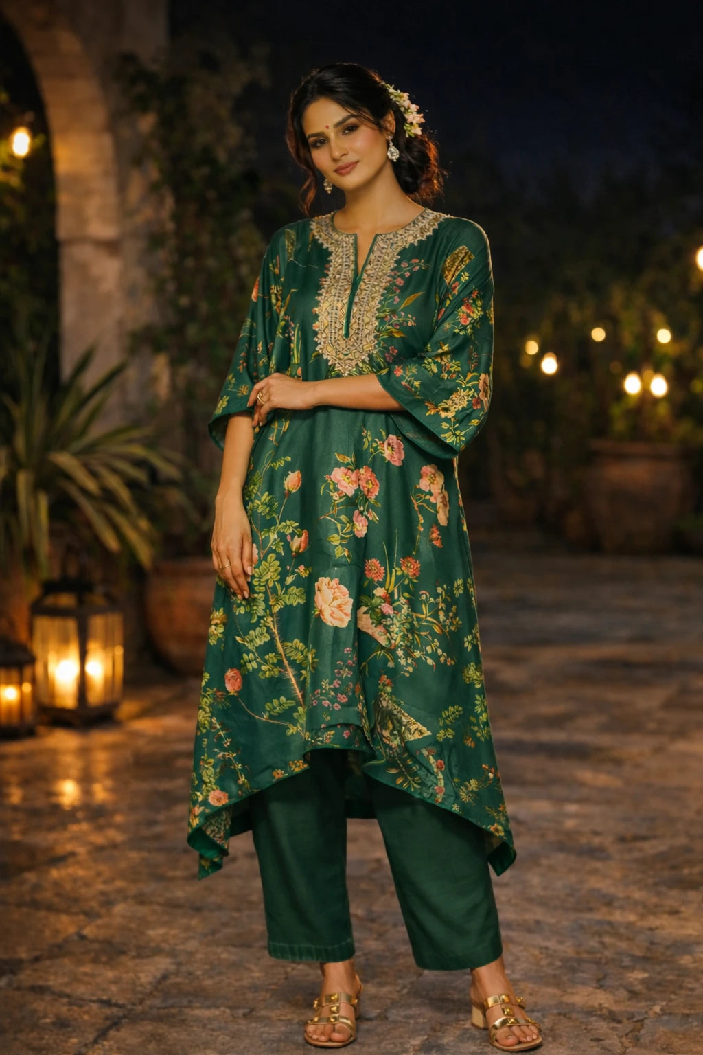 Emerald green floral printed crepe Zafira kaftan with matching cotton silk pants, stylish and comfortable for women.