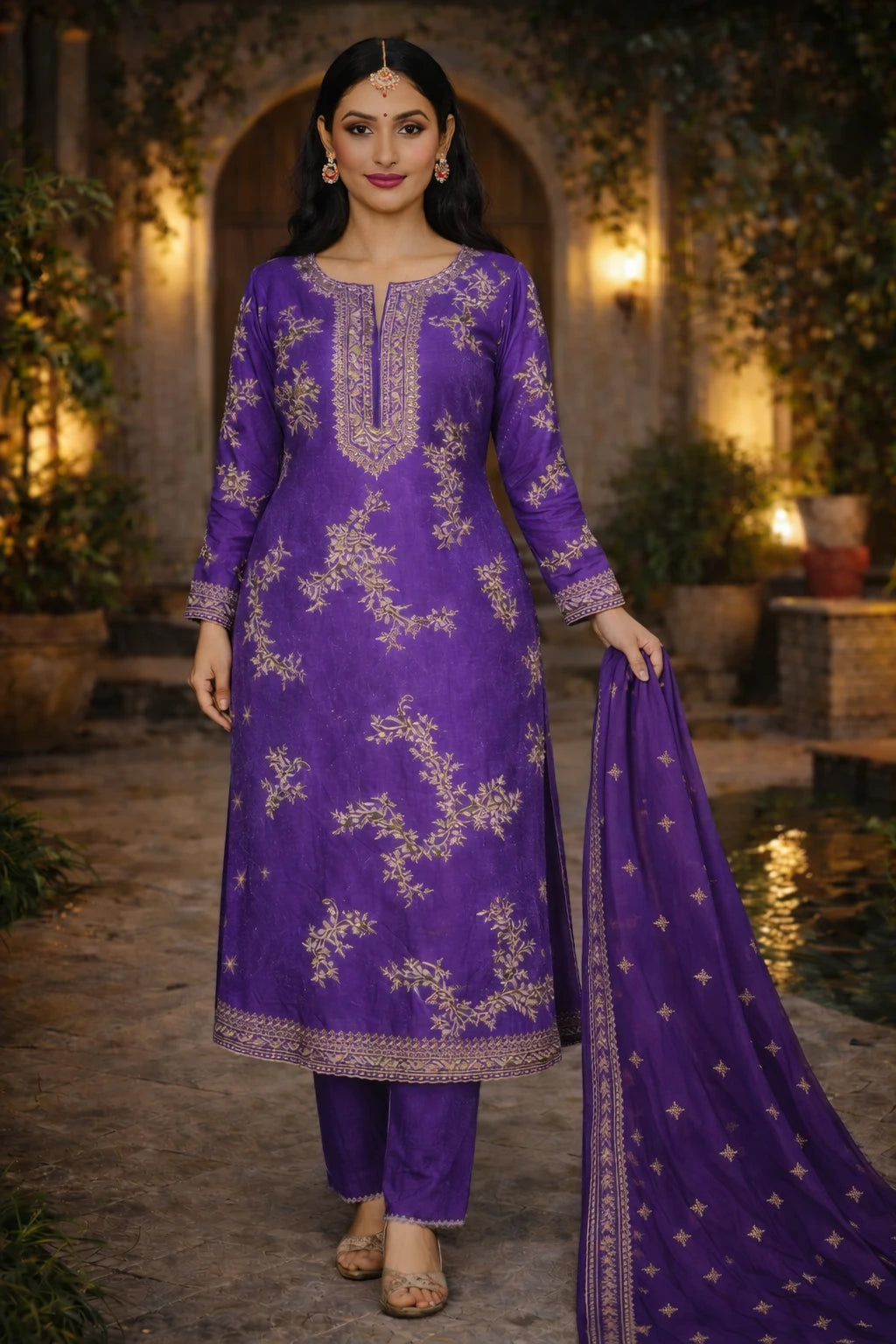 Purple Varnika Kurta Set with matching dupatta, designer festive Indian attire by Kathaa, shown from the front view.