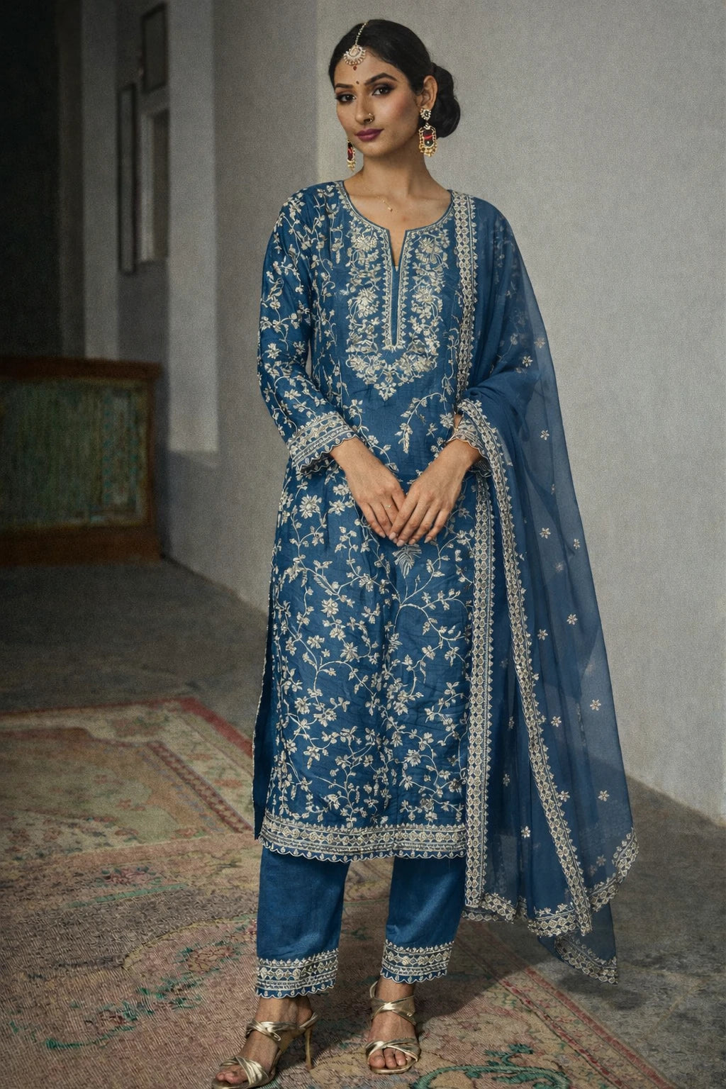 Front view of Kathaa Neelanshi Kurta Set, a designer blue festive kurta with matching dupatta and intricate embroidery.