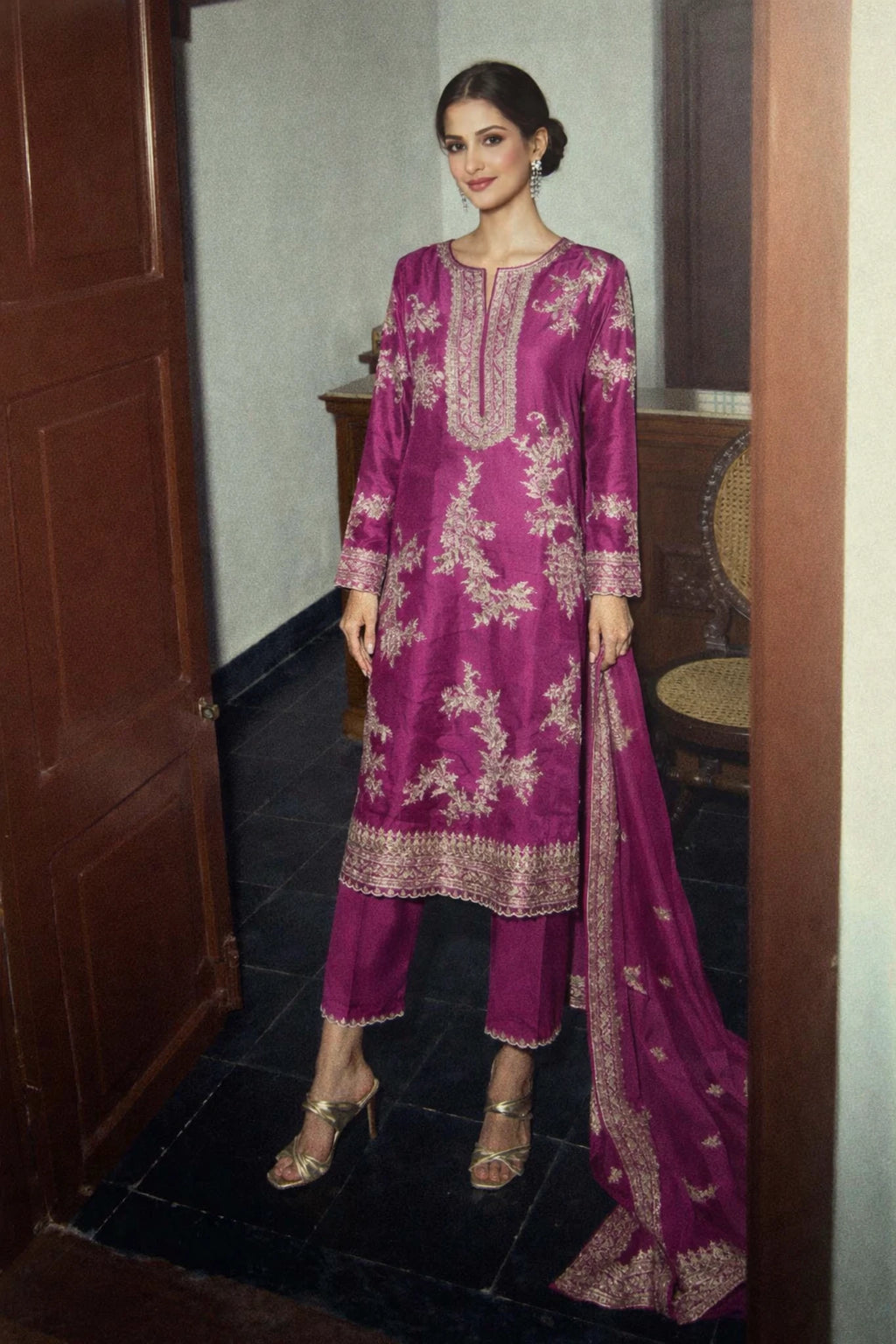 Anvika Kurta Set – Designer Magenta Festive Kurta Set with Dupatta | Kathaa