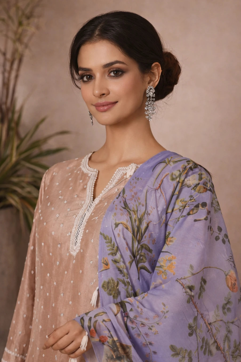 Vasika Kurta Set – Designer Beige Ethnic Kurta Set with Floral Dupatta | Kathaa