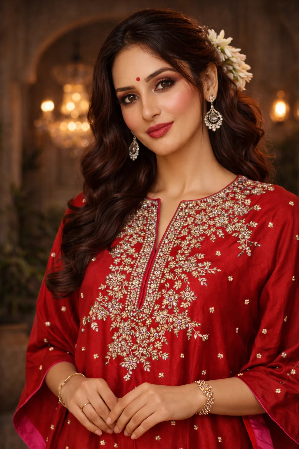 Close-up of Kathaa Ruqayya Kaftan Set in red Dupioni silk with matching cotton silk pants, showcasing elegant front detail.
