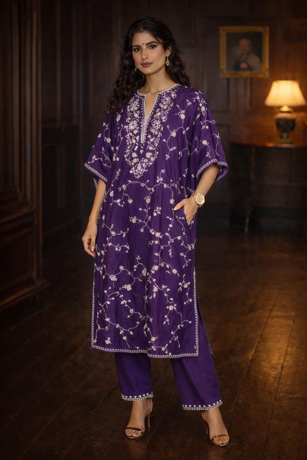 Purple Zareen Kaftan set with elegant dupioni silk fabric and cotton silk pants, featuring intricate designer details.