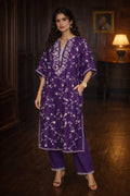Purple Zareen Kaftan set with elegant dupioni silk fabric and cotton silk pants, featuring intricate designer details.